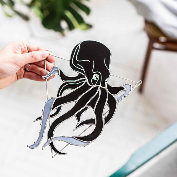 Black Octopus Stained Glass Suncatcher
