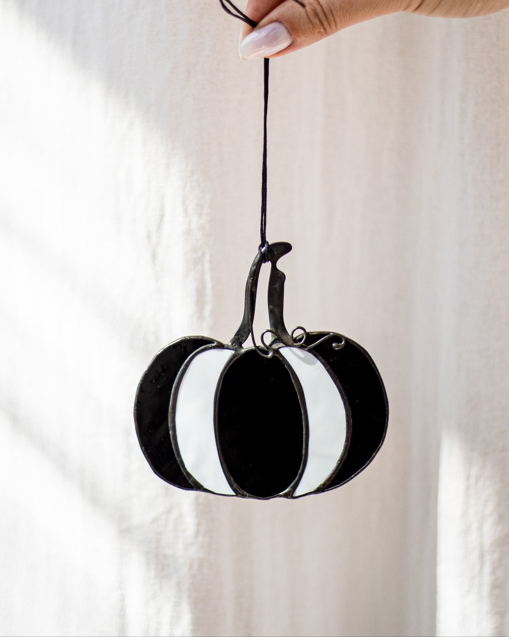 Black and white striped bag held by a hand against a light background
