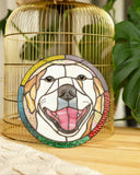 Decorative birdcage with a colorful dog illustration on a wooden surface.