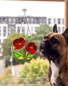 Stained Glass Red Poppies Window Hanging