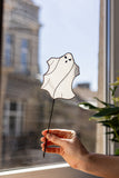 Stained Glass Funny Ghosts, Gothic Fall Plant Stake, Halloween Table Decor, Spooky Spirits on Wood Stand