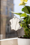 Stained Glass Funny Ghosts, Gothic Fall Plant Stake, Halloween Table Decor, Spooky Spirits on Wood Stand