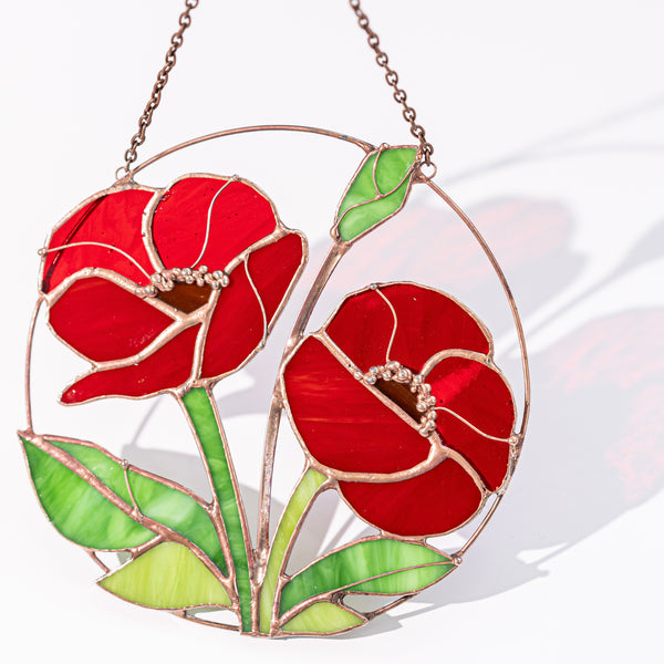 Stained Glass Red Poppies Window Hanging