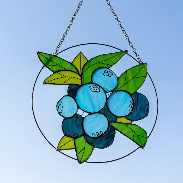 Blueberry blue Suncatcher. Stained glass Home Decor Panel