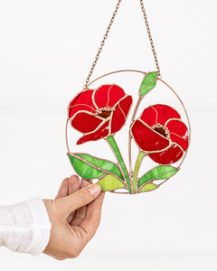 Stained Glass Red Poppies Window Hanging