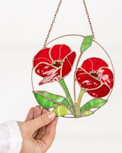 Stained Glass Red Poppies Window Hanging