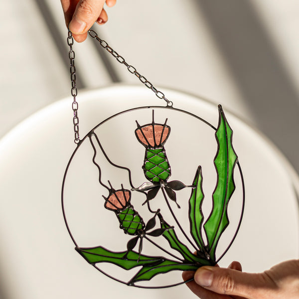 Green Flower Thistle, Stained glass suncatcher
