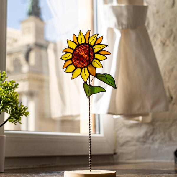 Sunflower stained glass flower in pot table stand, colorful floral decorative accent for home decor