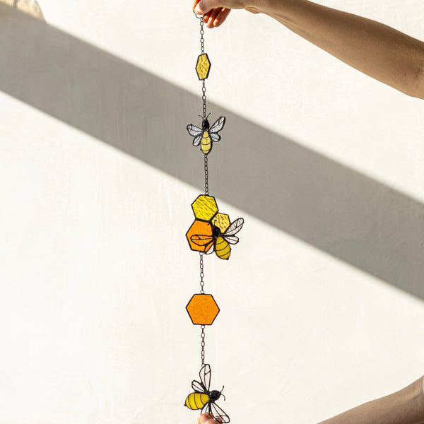 Copper foil stained glass honeycomb suncatcher, handcrafted, colorful glass art for windows, walls, and brightening home spaces