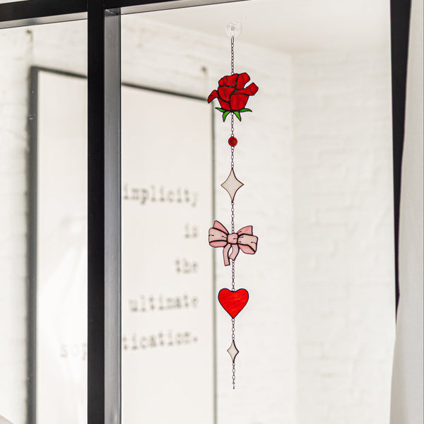 stained glass suncatcher, rose window hanging, romantic home decor, heart gift for her, handmade sun catcher, window art ornament, bow and flower stained glass, tiffany technique gift