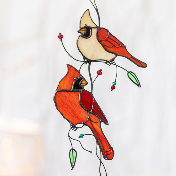Handmade stained glass cardinal suncatcher, crafted using Tiffany technique, vibrant red bird design, perfect for windows, walls, patios, or as a thoughtful gift