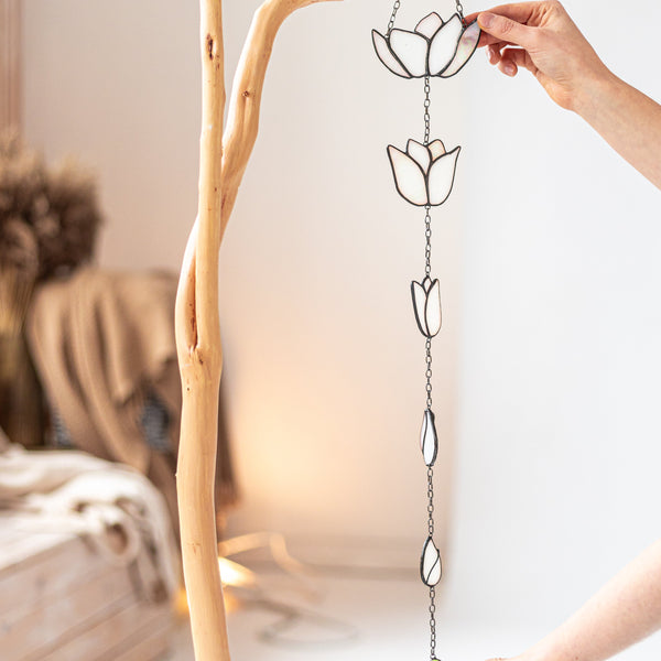 White Flowers Suncatcher, Stained Glass Wall Decoration