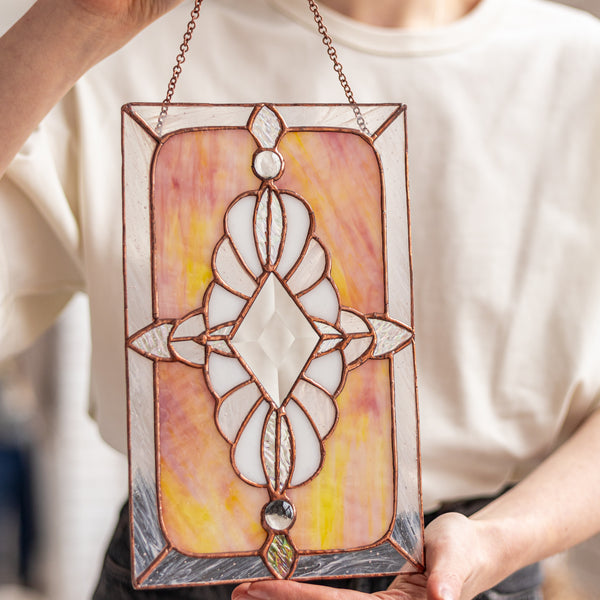 Pink Stained Glass Suncatcher – Window Garden Décor Panel Ornament