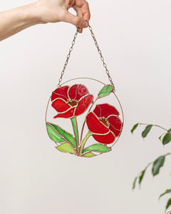 Stained Glass Red Poppies Window Hanging
