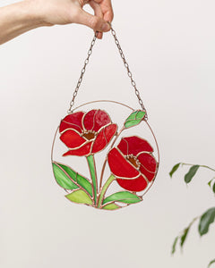 Stained Glass Red Poppies Window Hanging