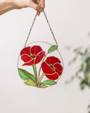 Stained Glass Red Poppies Window Hanging