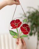 Stained Glass Red Poppies Window Hanging