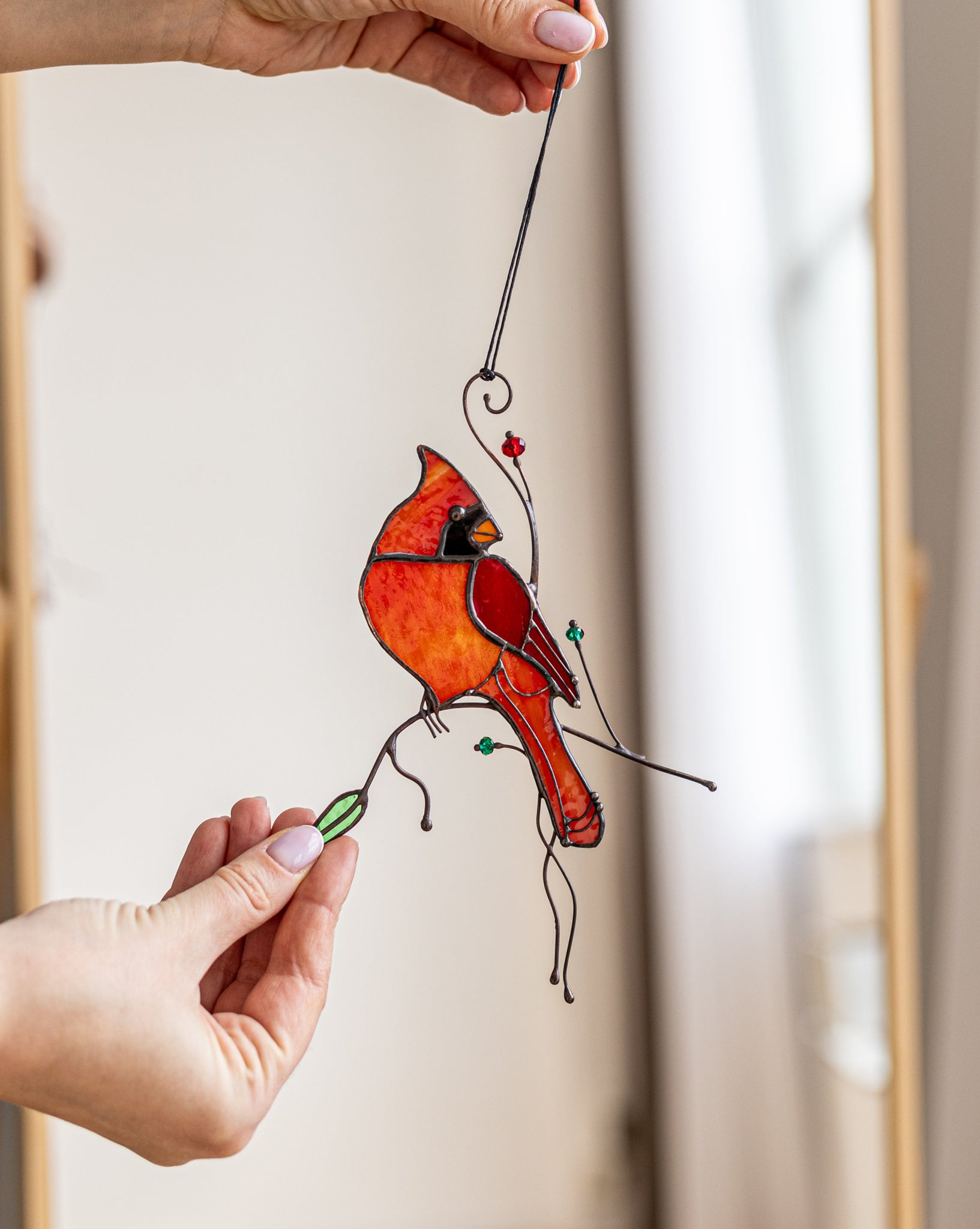 Red Cardinal Stained Glass Suncatcher – Bird Window Décor