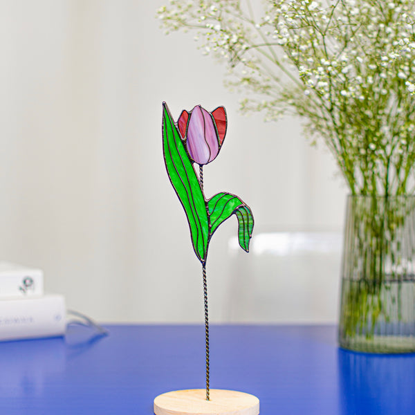 Purple Tulip Sculpture – Stained Glass Floral Decor for Shelf or Window, Gift for Her, Birth flower