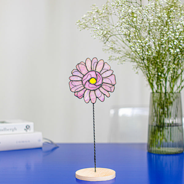 Pink Stained Glass Daisy Flower on a Stem | Home Garden Plant Pot Decor | Mother's Day Gift