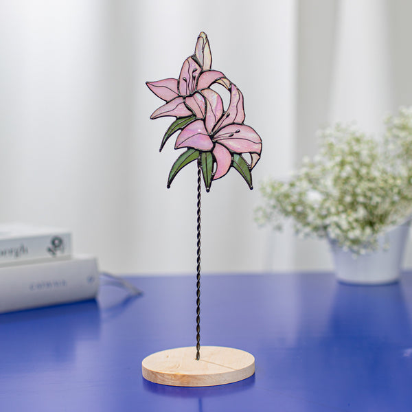 Iridescent Pink Lillies Stained Glass Flower Garden Stake