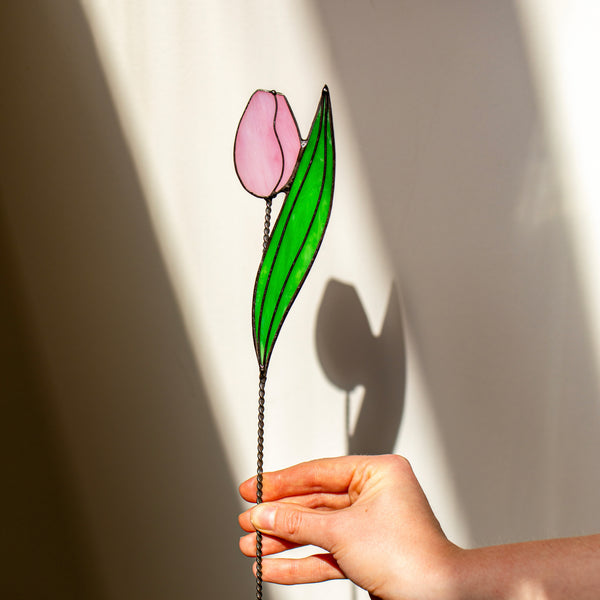 Pink Tulip Sculpture – Stained Glass Floral Decor for Shelf or Window, Gift for Her, Birth flower