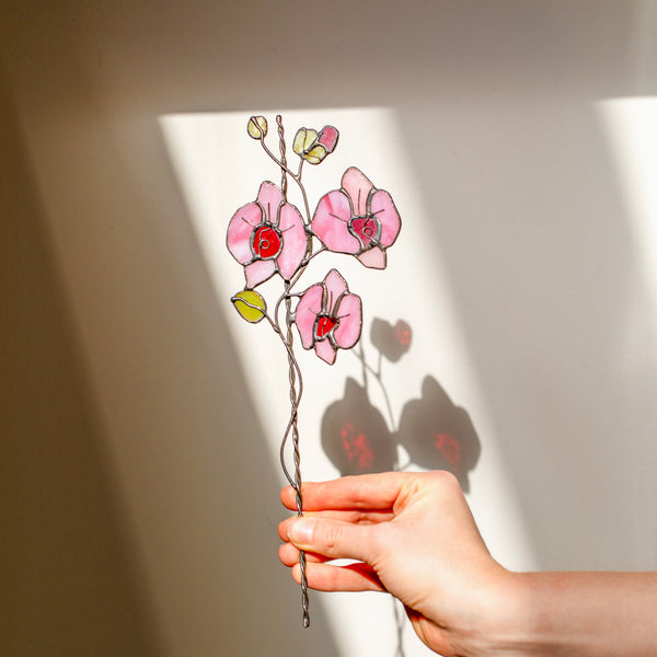 Glass Orchid Plant Stake – Stained Glass Flower Decor for Pots, Vases, Soil | Unique Gift for Mom, Gardener Lover, Birth flower