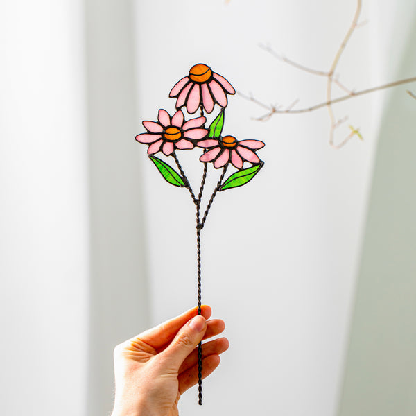 Stained Glass Echinacea – Freestanding Glass Flower Decor, Spring Gift for Women, Table or Windowsill Accent