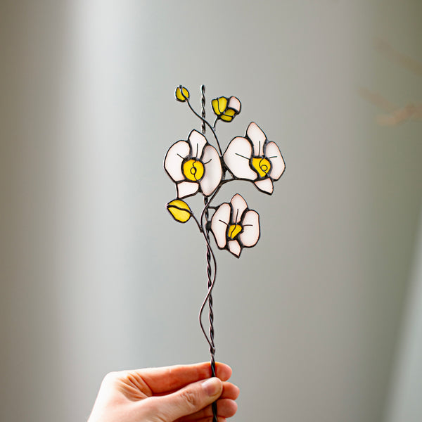 White Glass Orchid Plant Stake – Stained Glass Flower Decor for Pots, Vases, Soil | Unique Gift for Mom, Gardener Lover, Birth flower