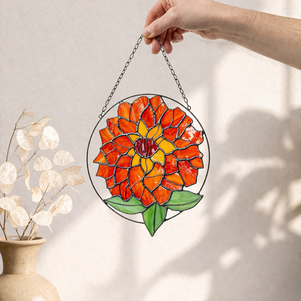 Dahlia Stained Glass Suncatcher – Georgina Flower Wall Hanging, Home Décor