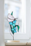 White Butterfly with Blue Flowers Plant Stake