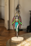 Stained Glass Dracula Figurine | Gothic Vampire Statue on Wooden Base | Halloween Decor | Plant Pot Stake