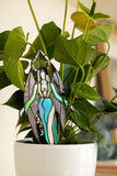 Stained Glass Dracula Figurine | Gothic Vampire Statue on Wooden Base | Halloween Decor | Plant Pot Stake