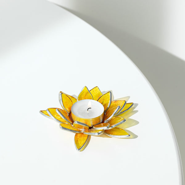 Yellow Stained Glass Candle Holder Lotus | Tea Light Holder | Spiritual Home Decor | Jewelry dish