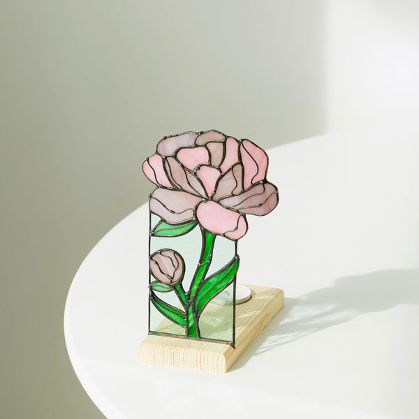 Stained Glass Candle Holder Peony, Botanical Tealight Decor, Floral Glass