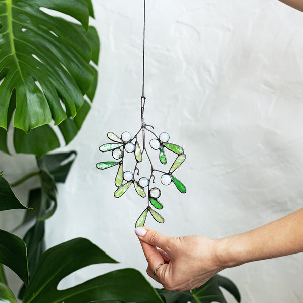 Hand holding a decorative mistletoe ornament in front of a green plant