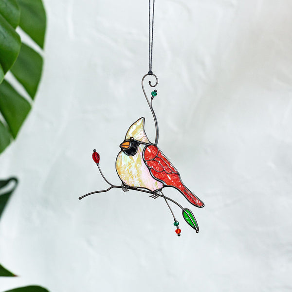 Handmade stained glass cardinal suncatcher, crafted using Tiffany technique, vibrant red bird design, perfect for windows, walls, patios, or as a thoughtful gift