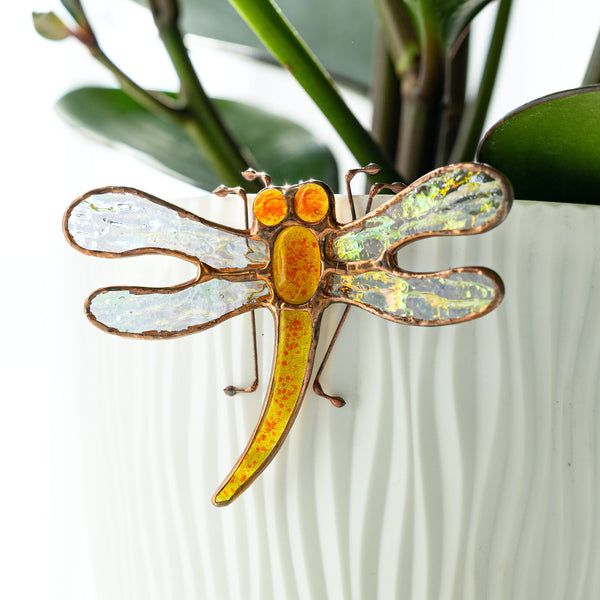 Orange Dragonfly Greenery Pot Decor Real Glass Art