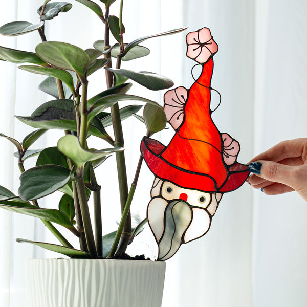 Stained Glass Funny Garden Gnome Planter with Flower Hat