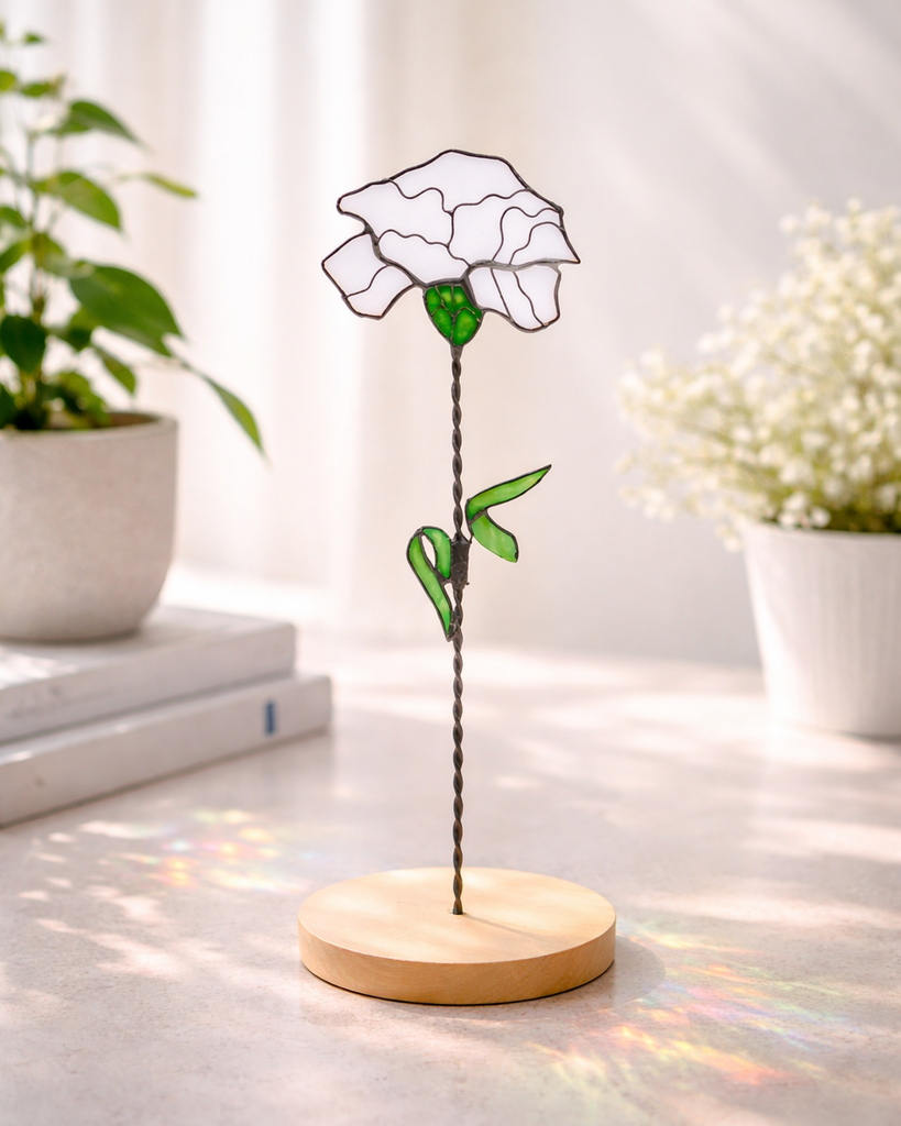Stained Glass White Carnation – Plant Stake Decor, Mother's Day Gift