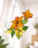 Orange and Yellow Lily Suncatcher – Stained Glass Flower Window Hanging Décor