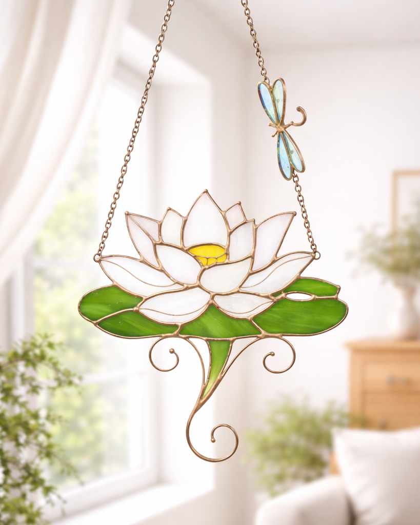 Pink Water Lily Suncatcher – Stained Glass Lotus Window Décor, Dichroic Art