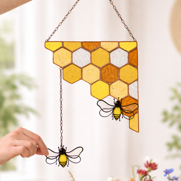 Yellow Corner Honeycombs Bee Suncatcher, Stained Glass Wall Decoration