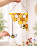 Yellow Corner Honeycombs Bee Suncatcher, Stained Glass Wall Decoration