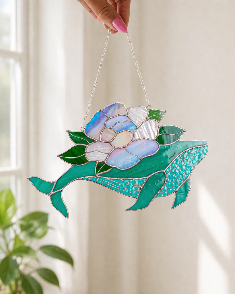Whale with flowers Suncatcher, Stain Glass Decor Turquoise Window Hangings