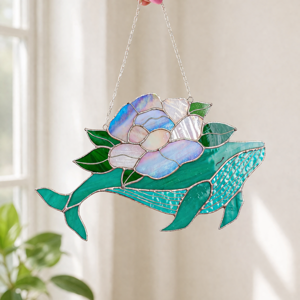 Whale with flowers Suncatcher, Stain Glass Decor Turquoise Window Hangings