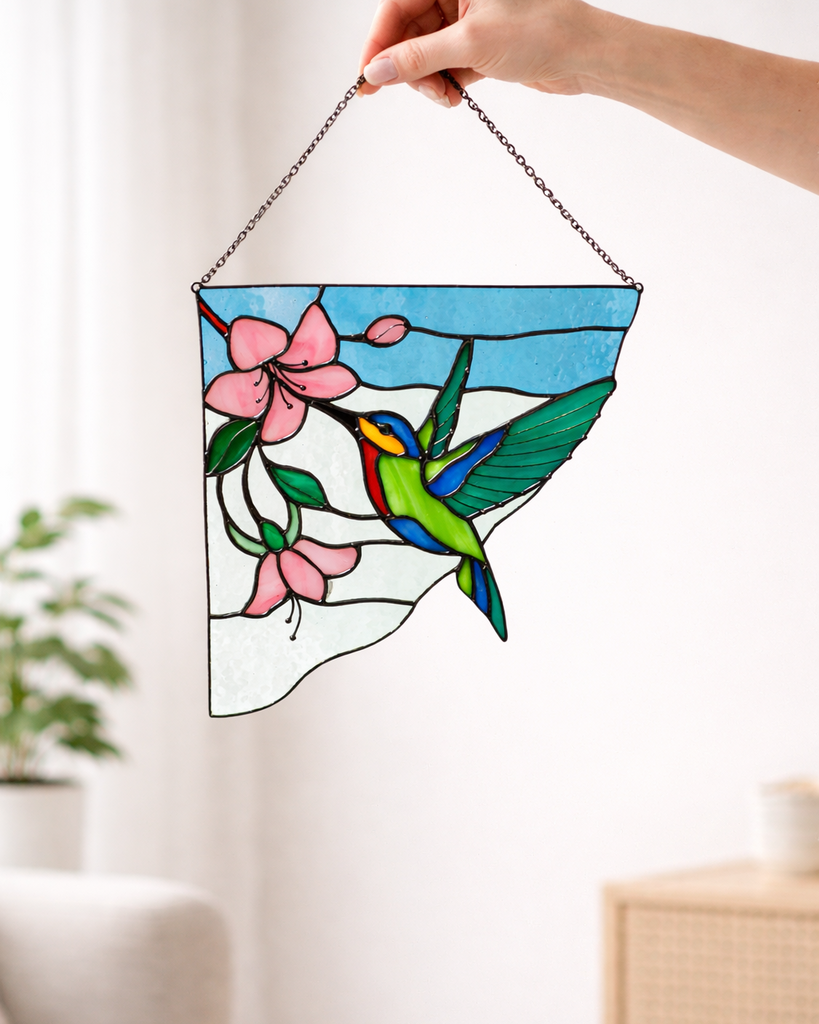 Corner Hummingbird Suncatcher, Stained Glass Wall Decoration