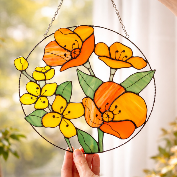 California Poppies and Jasmine Stained Glass Suncatcher – Garden Window Décor, Mother’s Day Gift