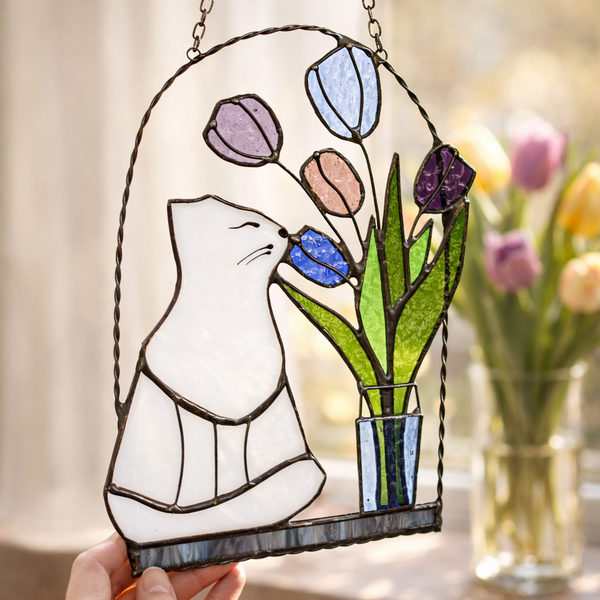 Cat and Flowers Stained Glass Suncatcher – Spring Window Hanging, Mother’s Day Gift