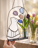 Cat and Flowers Stained Glass Suncatcher – Spring Window Hanging, Mother’s Day Gift